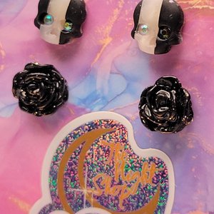 Black Rose & Stripey Skull Studs
