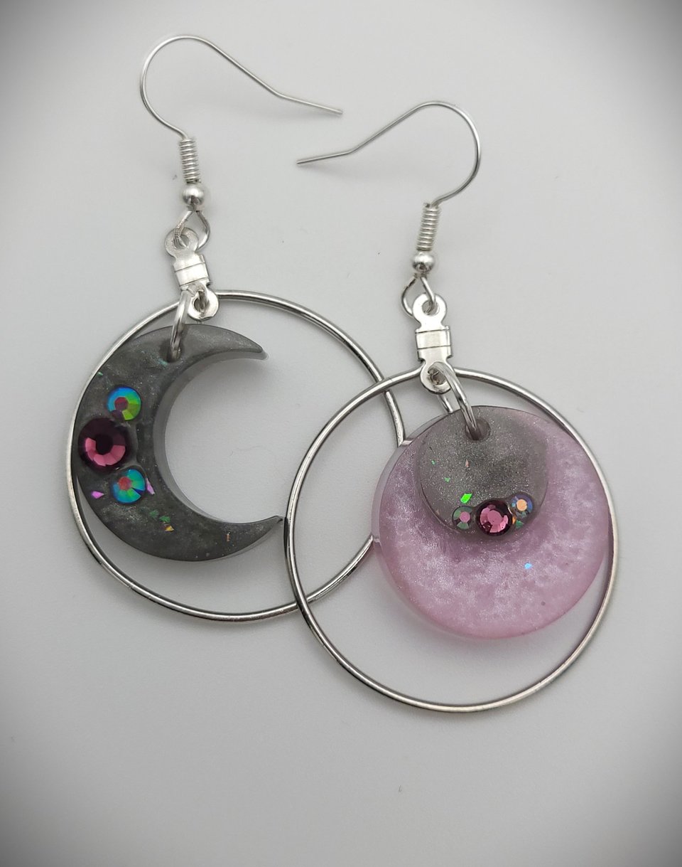 Asymmetrical Moon Earrings - Purple