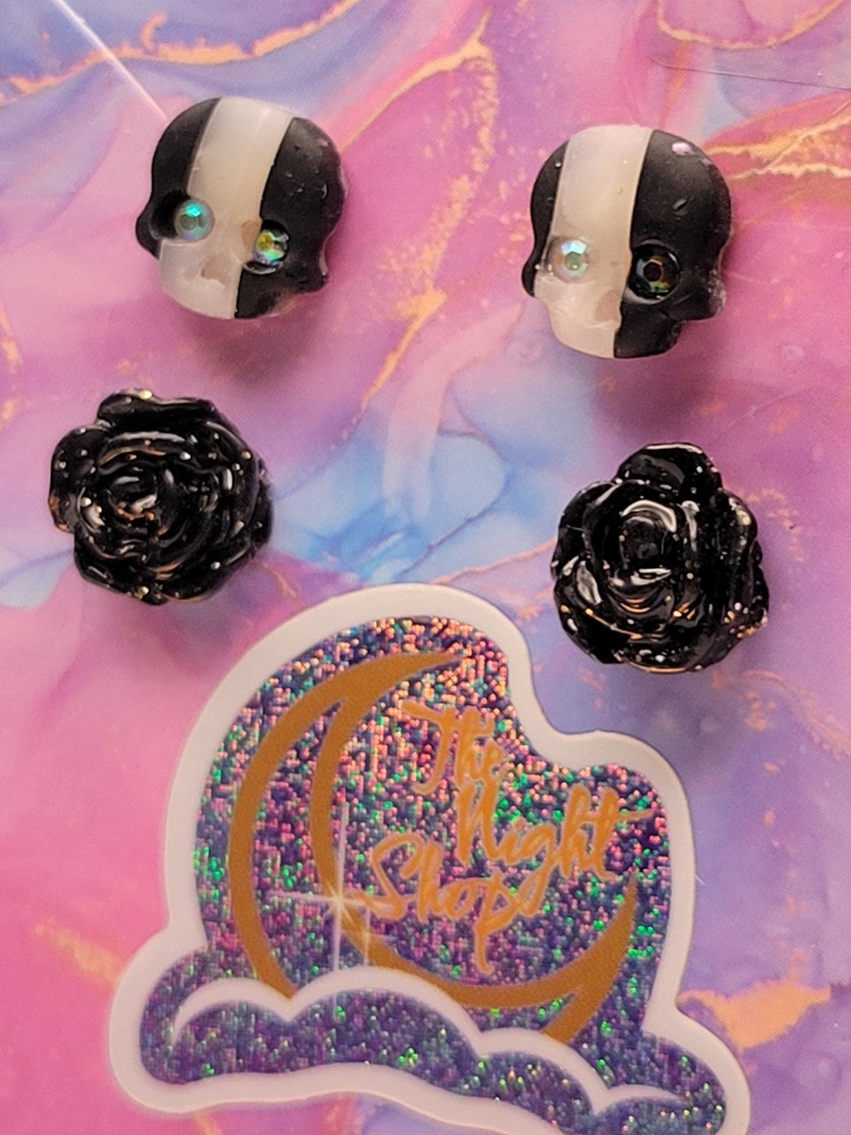Black Rose & Stripey Skull Studs