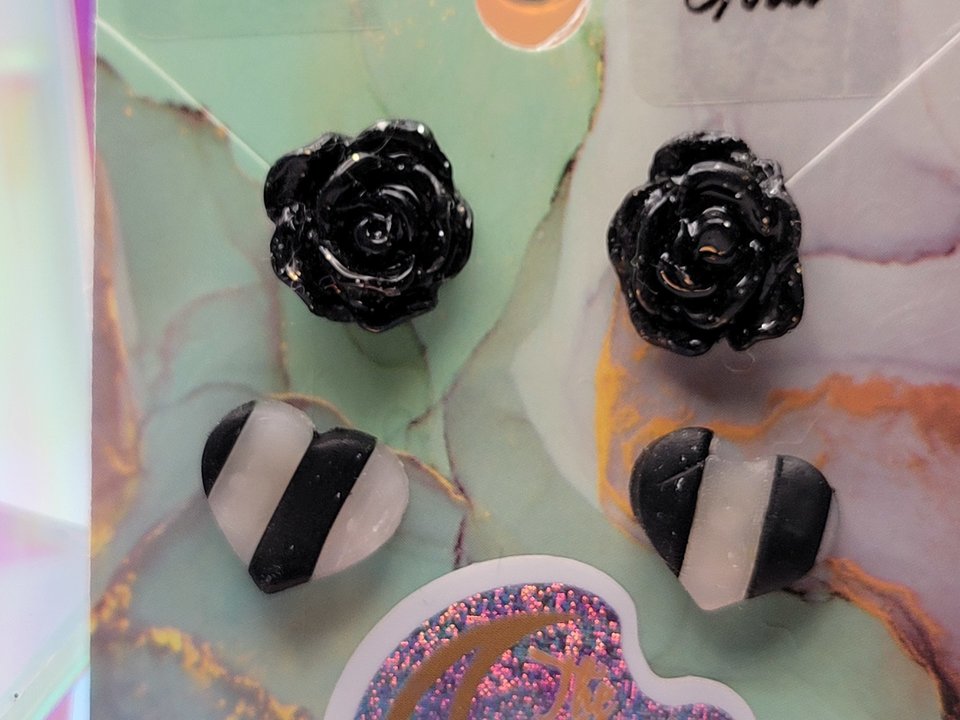 Black Rose & Stripey Heart Studs