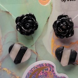 Black Rose & Stripey Heart Studs